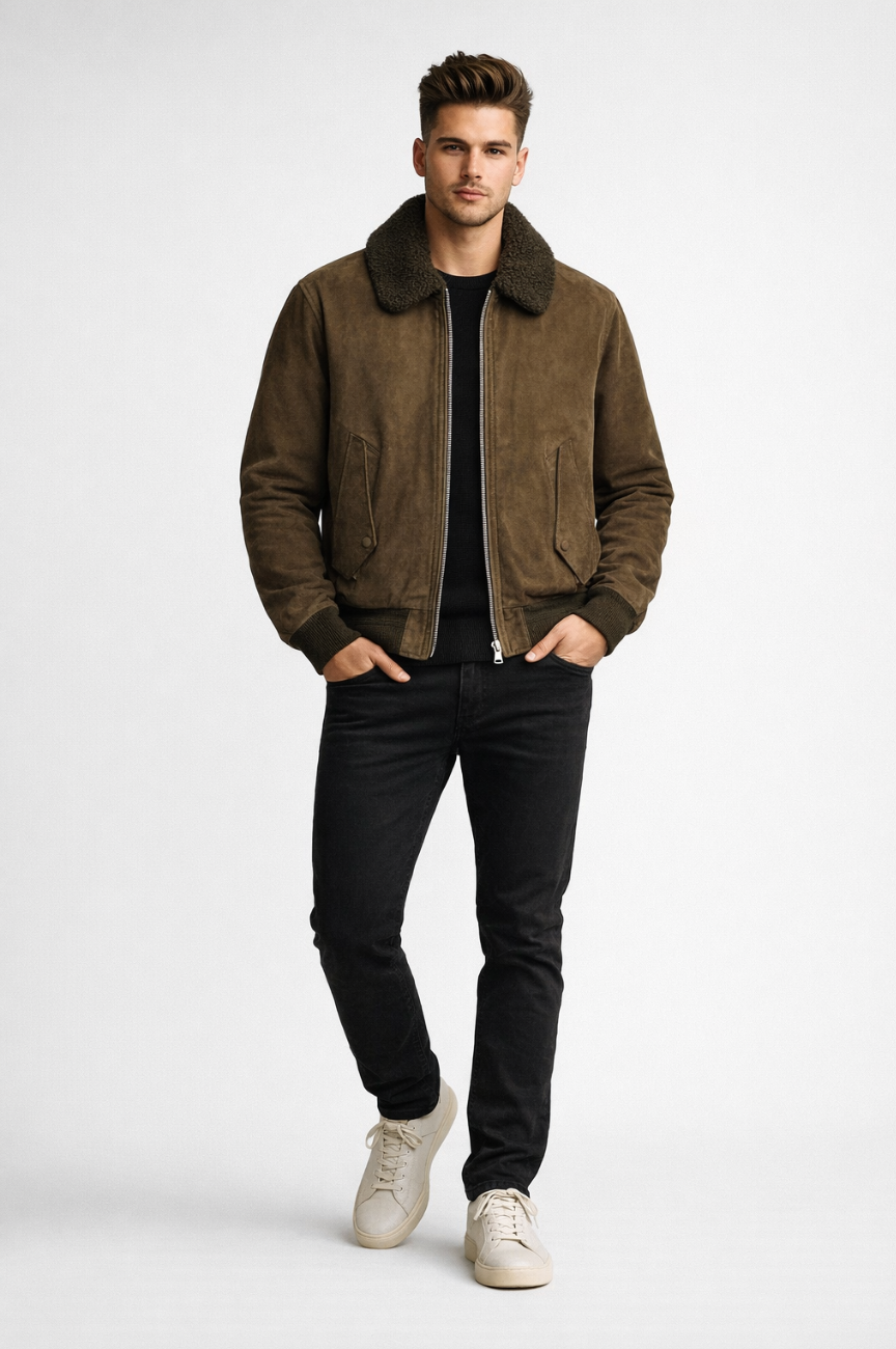 Abarai Cudden Shearling-Trimmed Suede Down Aviator Jacket