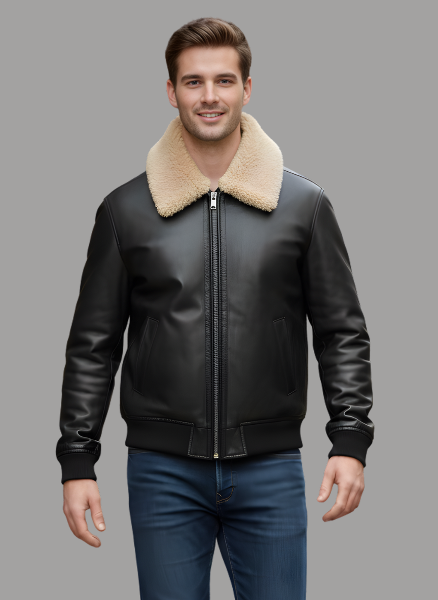 Antonio Leather Bomber with Fur Collar