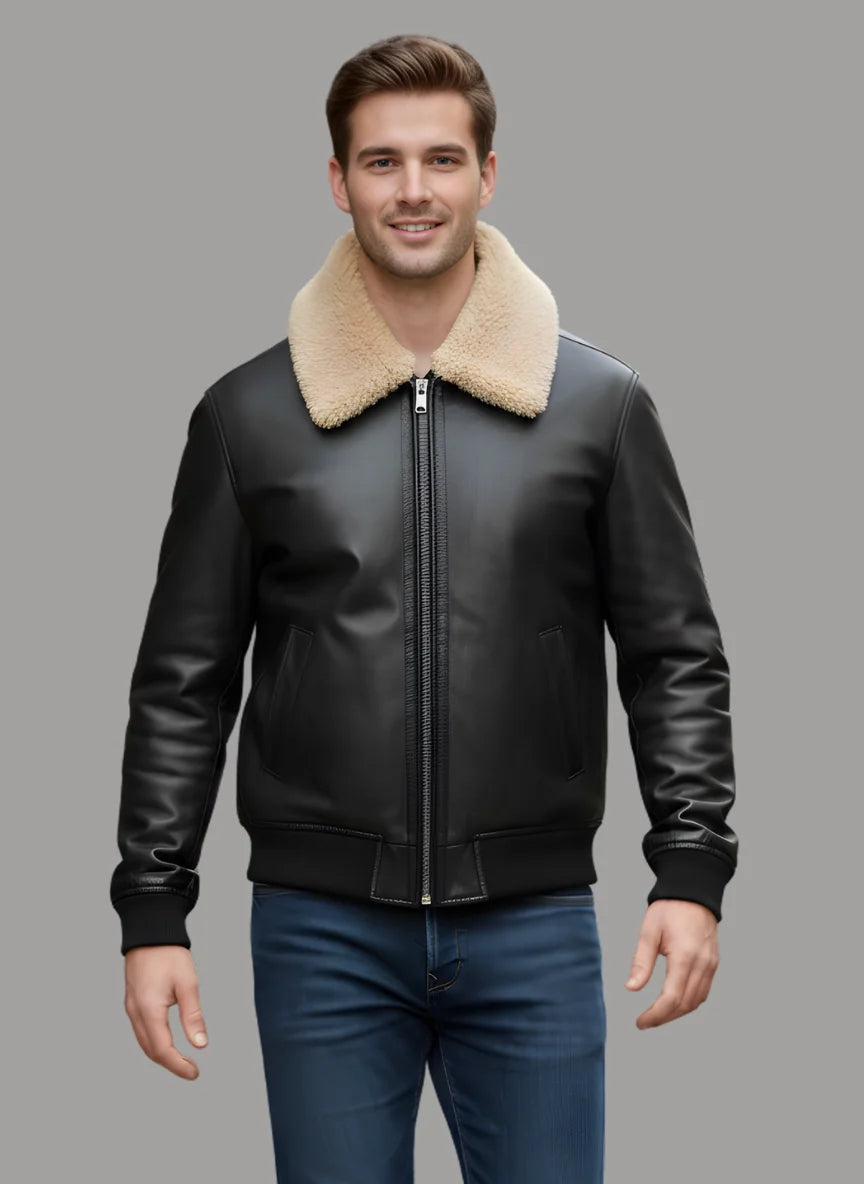 Antonio Leather Bomber with Fur Collar