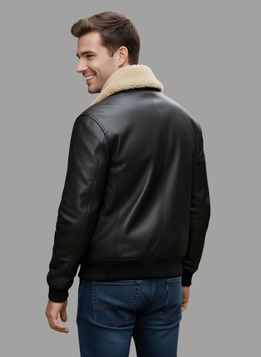 Antonio Leather Bomber with Fur Collar