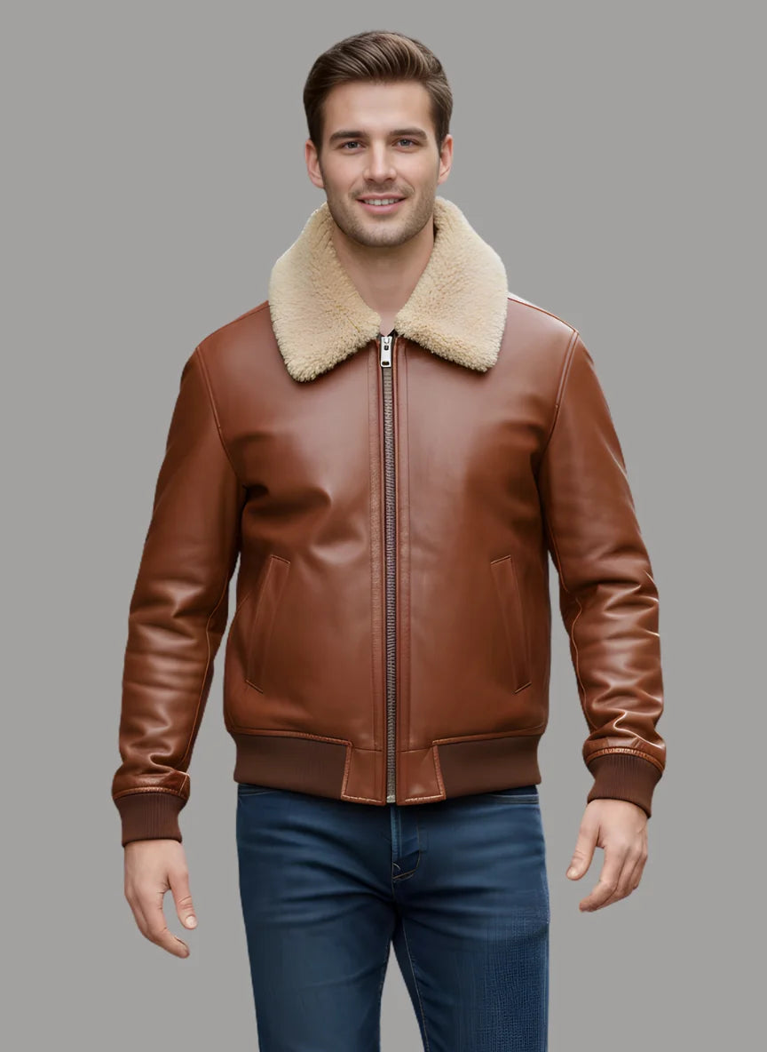 Antonio Leather Bomber with Fur Collar