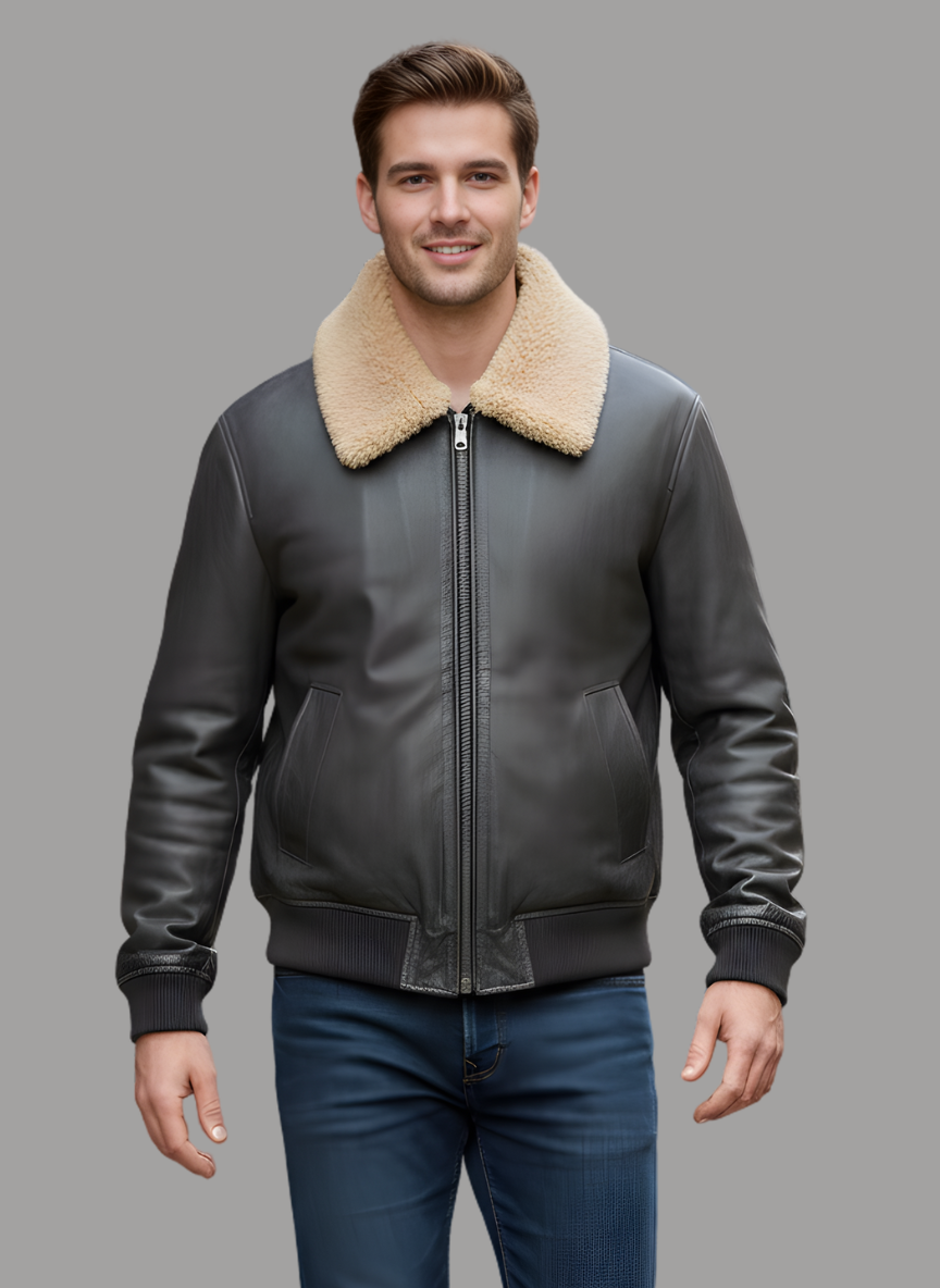 Antonio Leather Bomber with Fur Collar