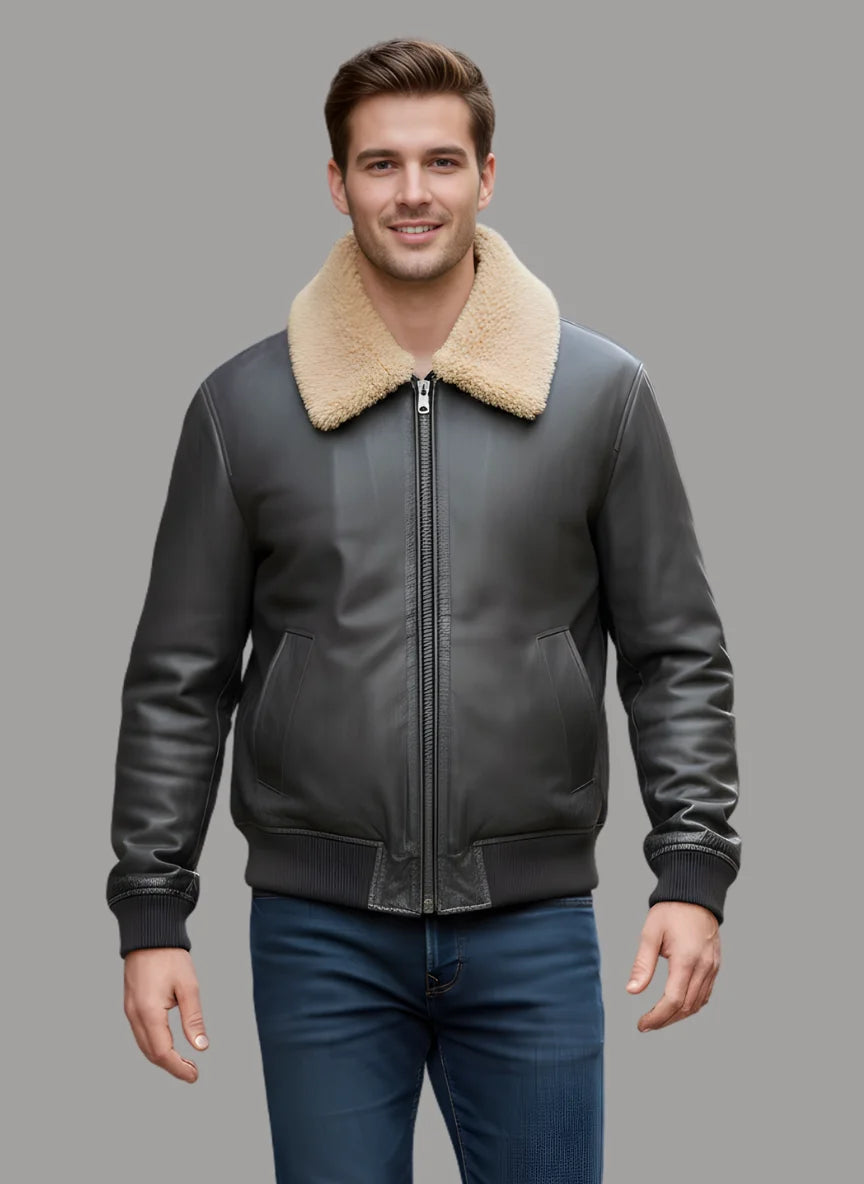 Antonio Leather Bomber with Fur Collar