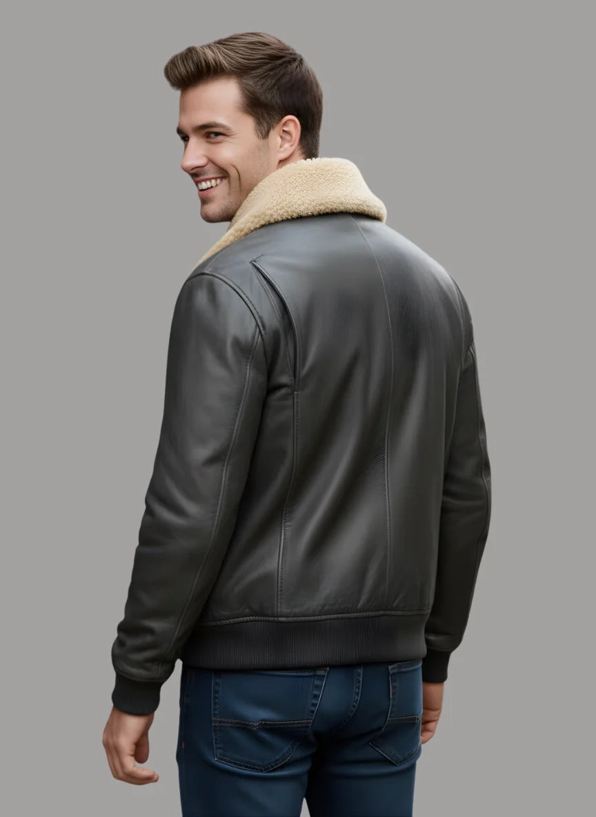 Antonio Leather Bomber with Fur Collar