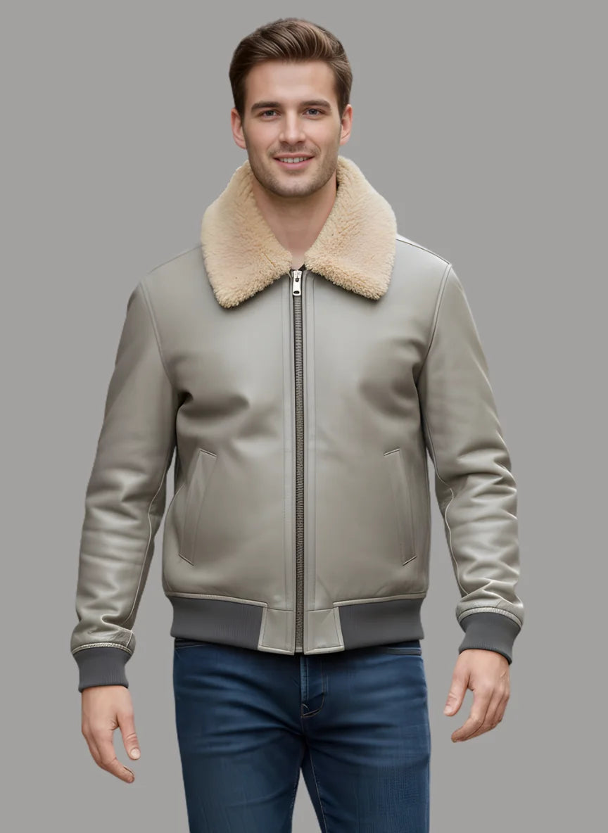 Antonio Leather Bomber with Fur Collar