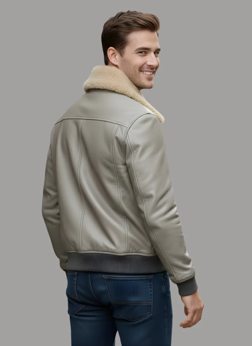 Antonio Leather Bomber with Fur Collar