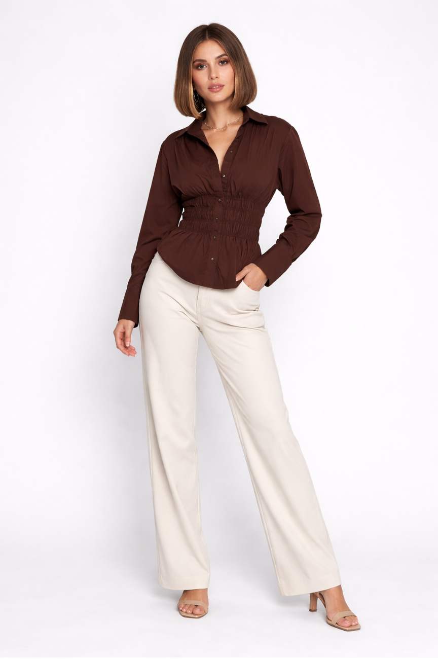 Avela Shirred Button Up Top