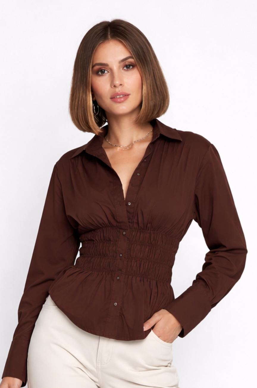 Avela Shirred Button Up Top