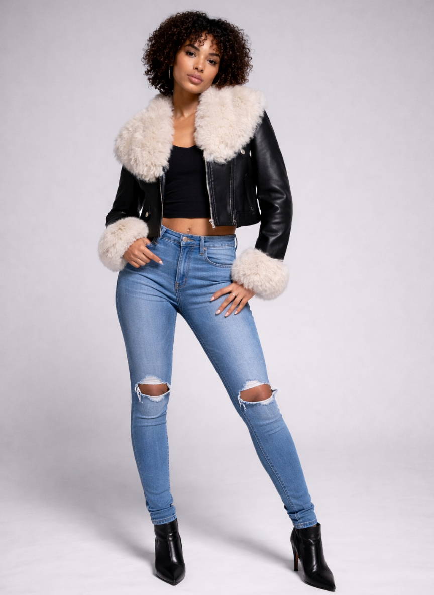 Bern Faux Fur Collar Cropped Biker Jacket