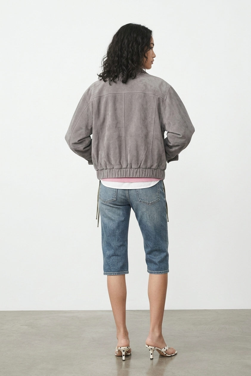 Chansey Oversized Slate Suede Bomber
