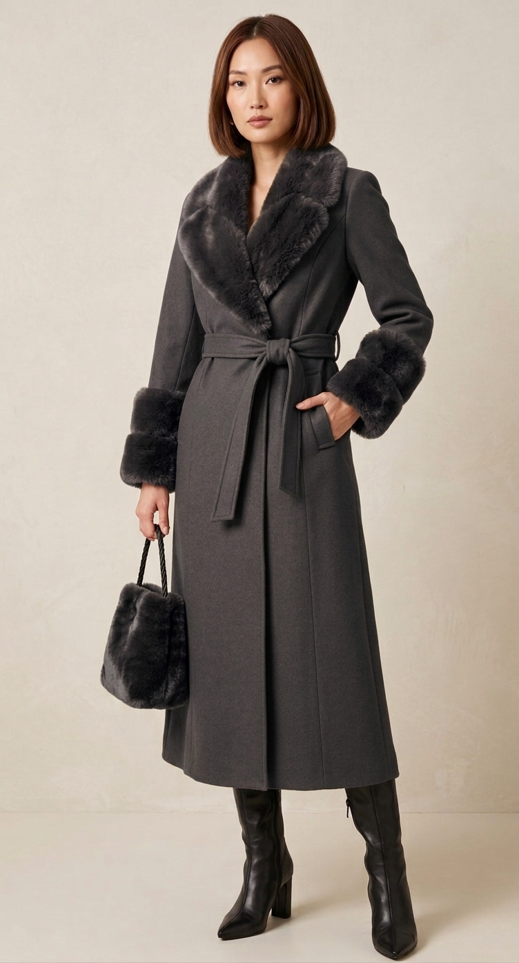 Dublin Fur Trim Wrap Coat with Matching Bag