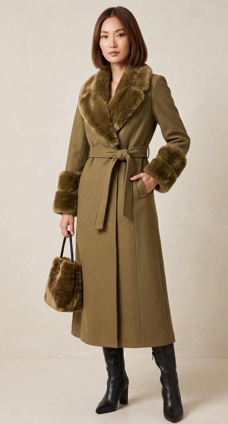 Dublin Fur Trim Wrap Coat with Matching Bag
