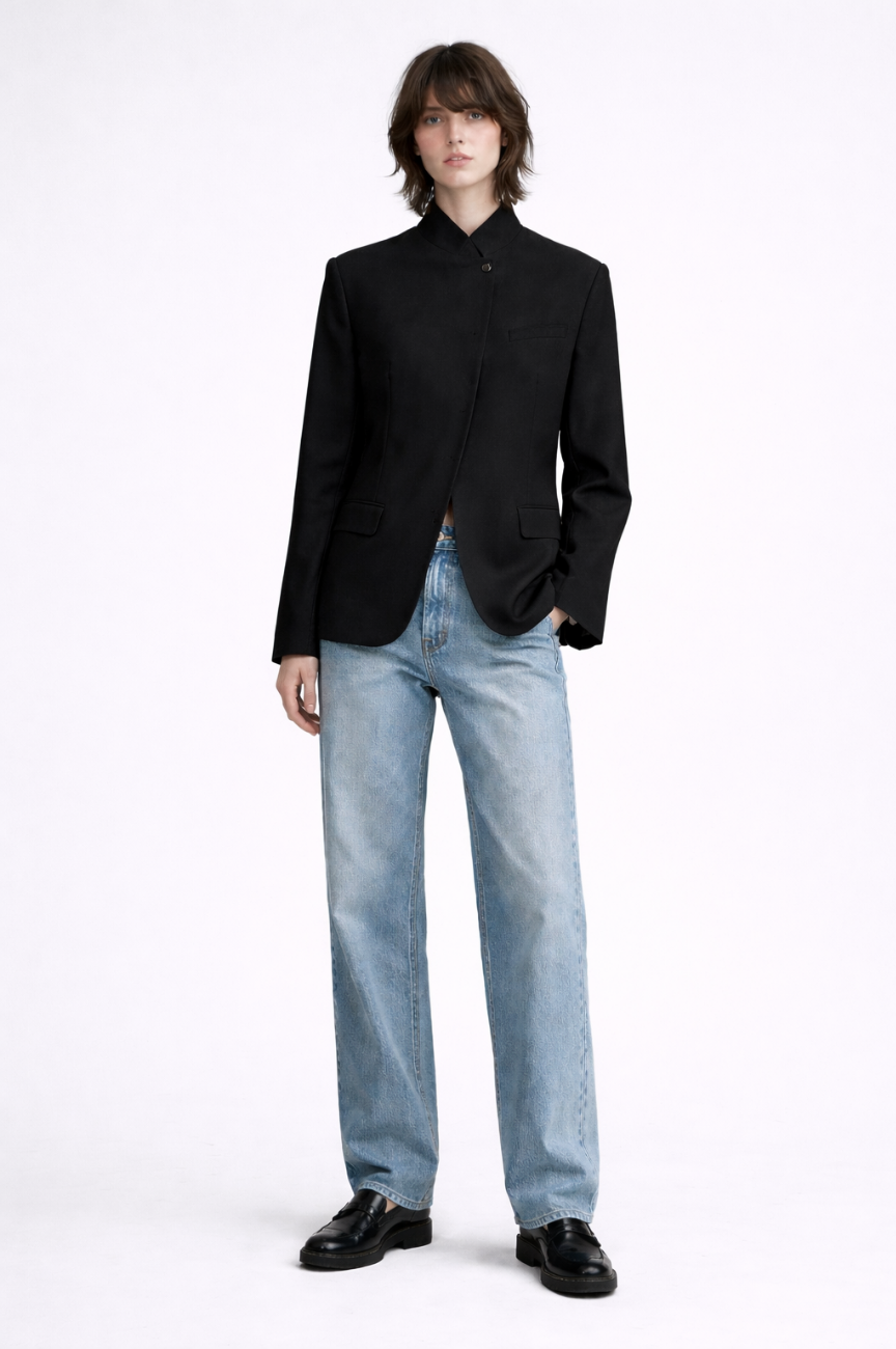 Evarique Mock-Neck Tailored Jacket with Hidden Closure