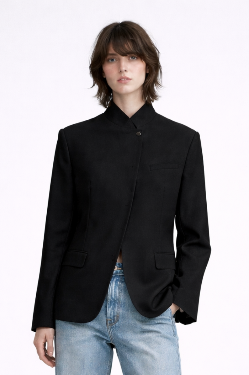Evarique Mock-Neck Tailored Jacket with Hidden Closure