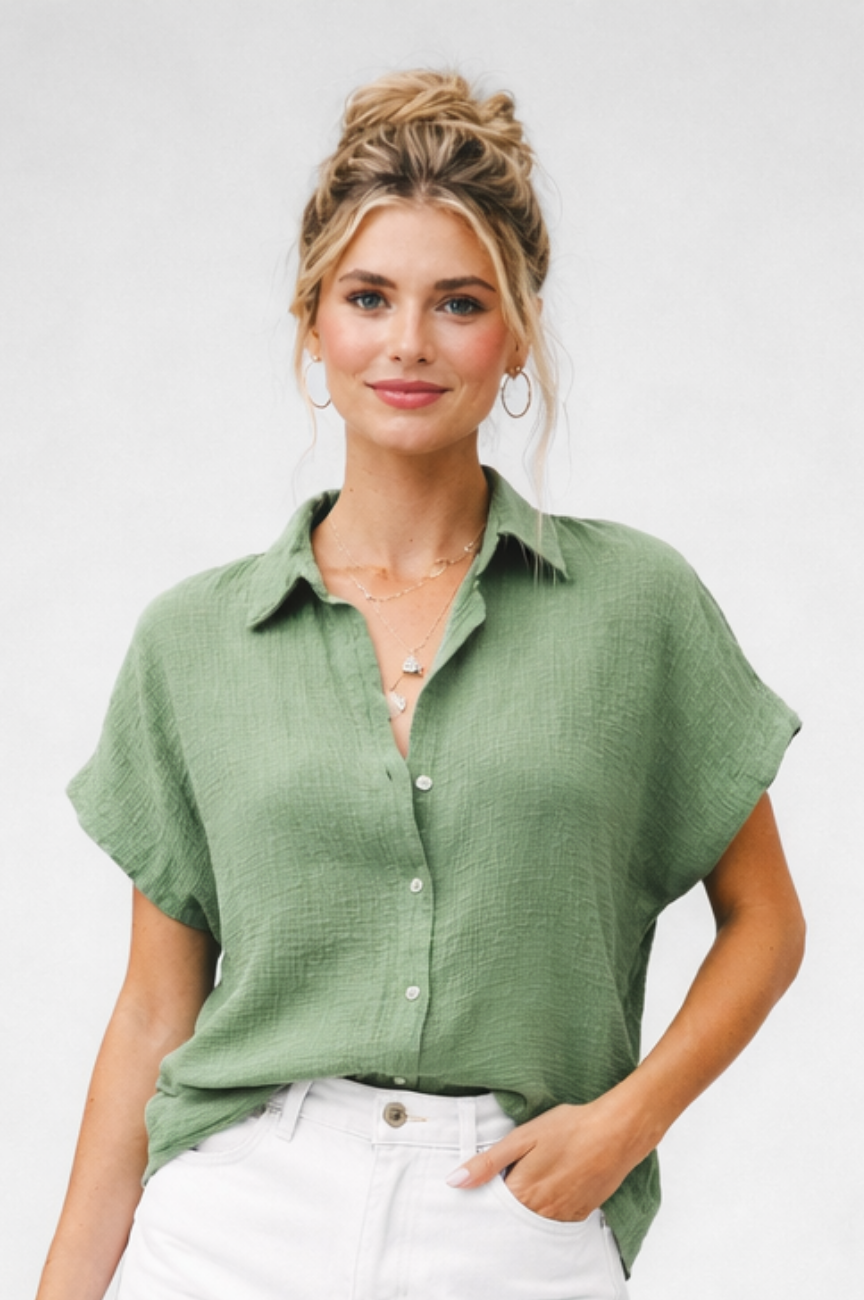 Fremont Casual V Neck Button Down Shirts for Women Solid Short Sleeve Blouse Tops