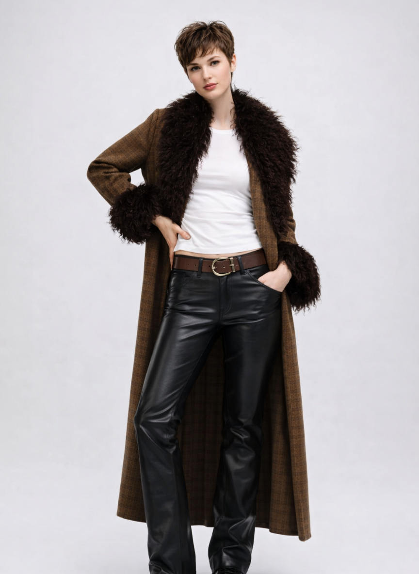 Inverness Belted Maxi Coat with Fur Collar and Cuffs