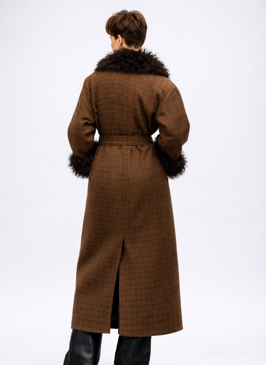 Inverness Belted Maxi Coat with Fur Collar and Cuffs