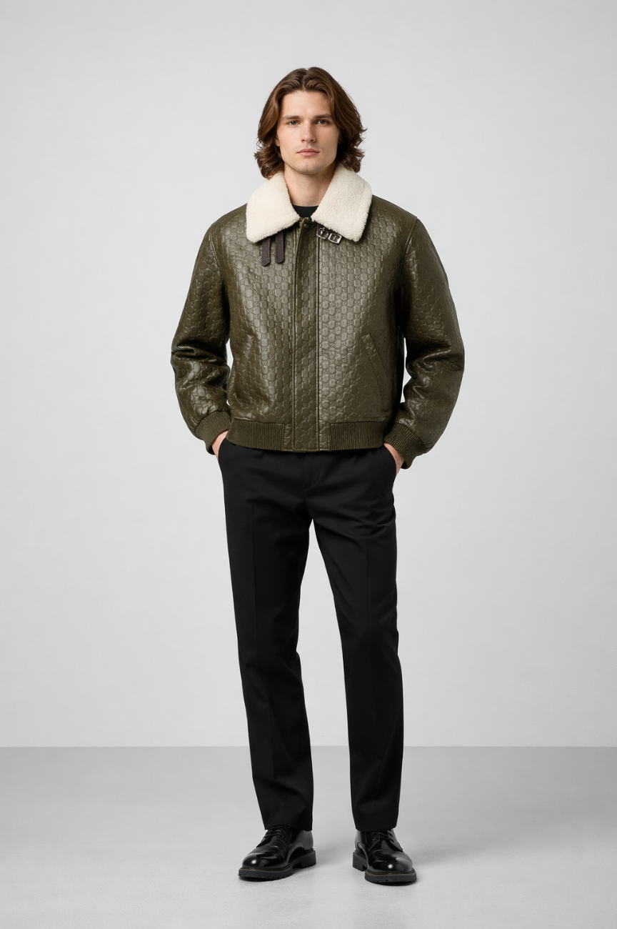 Ken Shearling-Trimmed Logo-Debossed Leather Jacket
