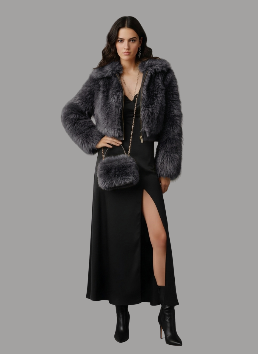 London Lewisham Short Shaggy Fur Coat with Bag
