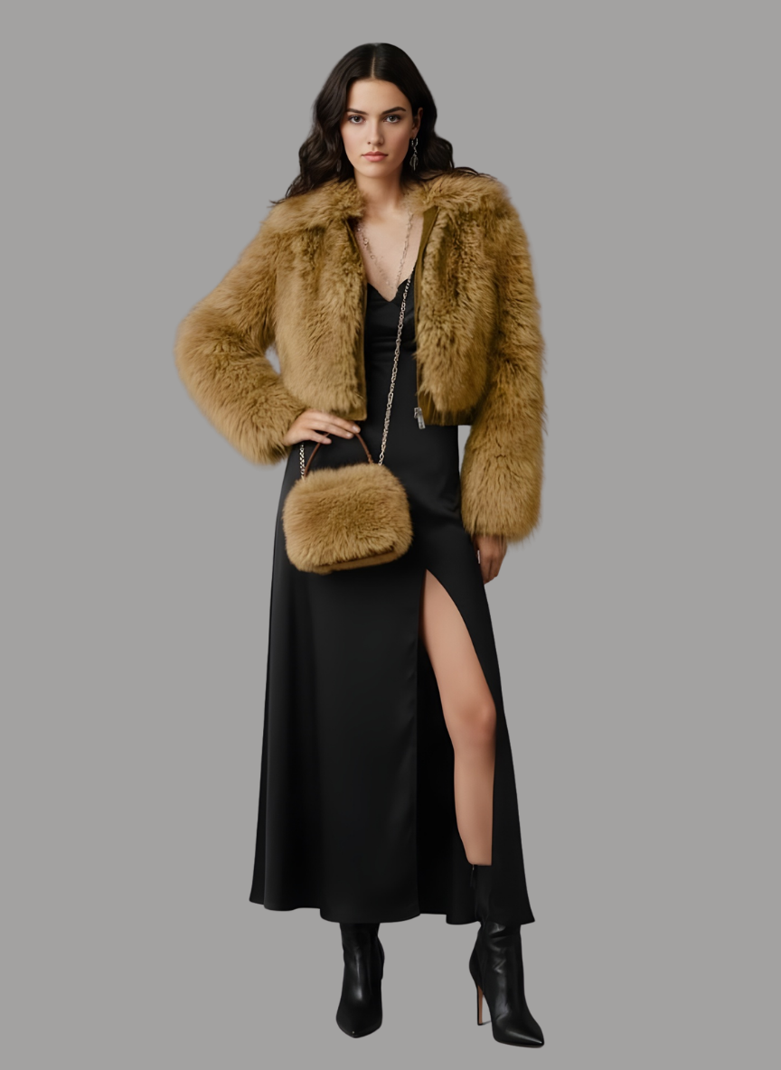 London Lewisham Short Shaggy Fur Coat with Bag