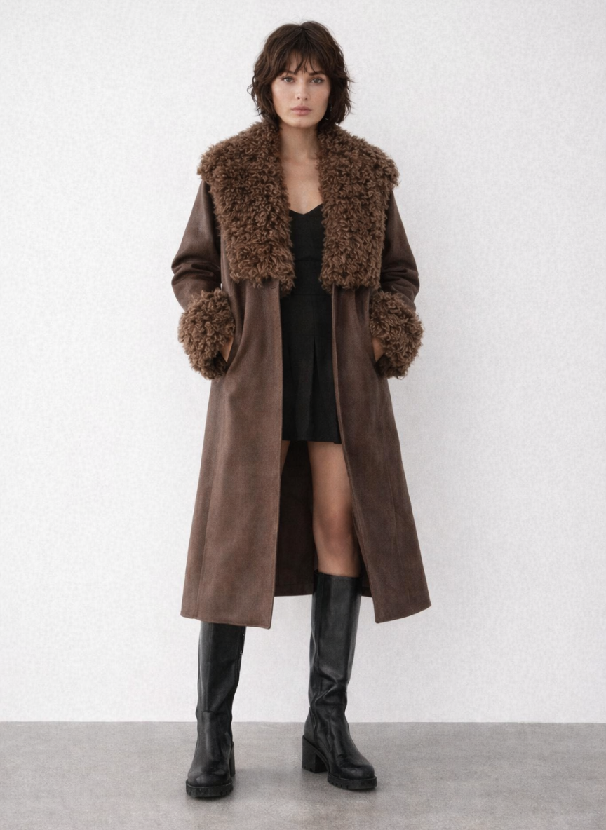 Lucerne Leather Look Trench Coat with Faux Fur Collar and Cuffs