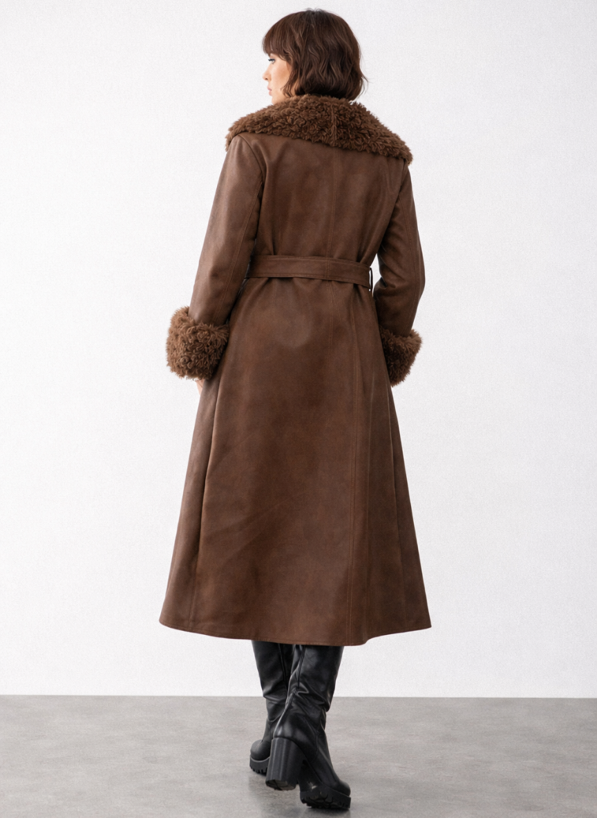 Lucerne Leather Look Trench Coat with Faux Fur Collar and Cuffs