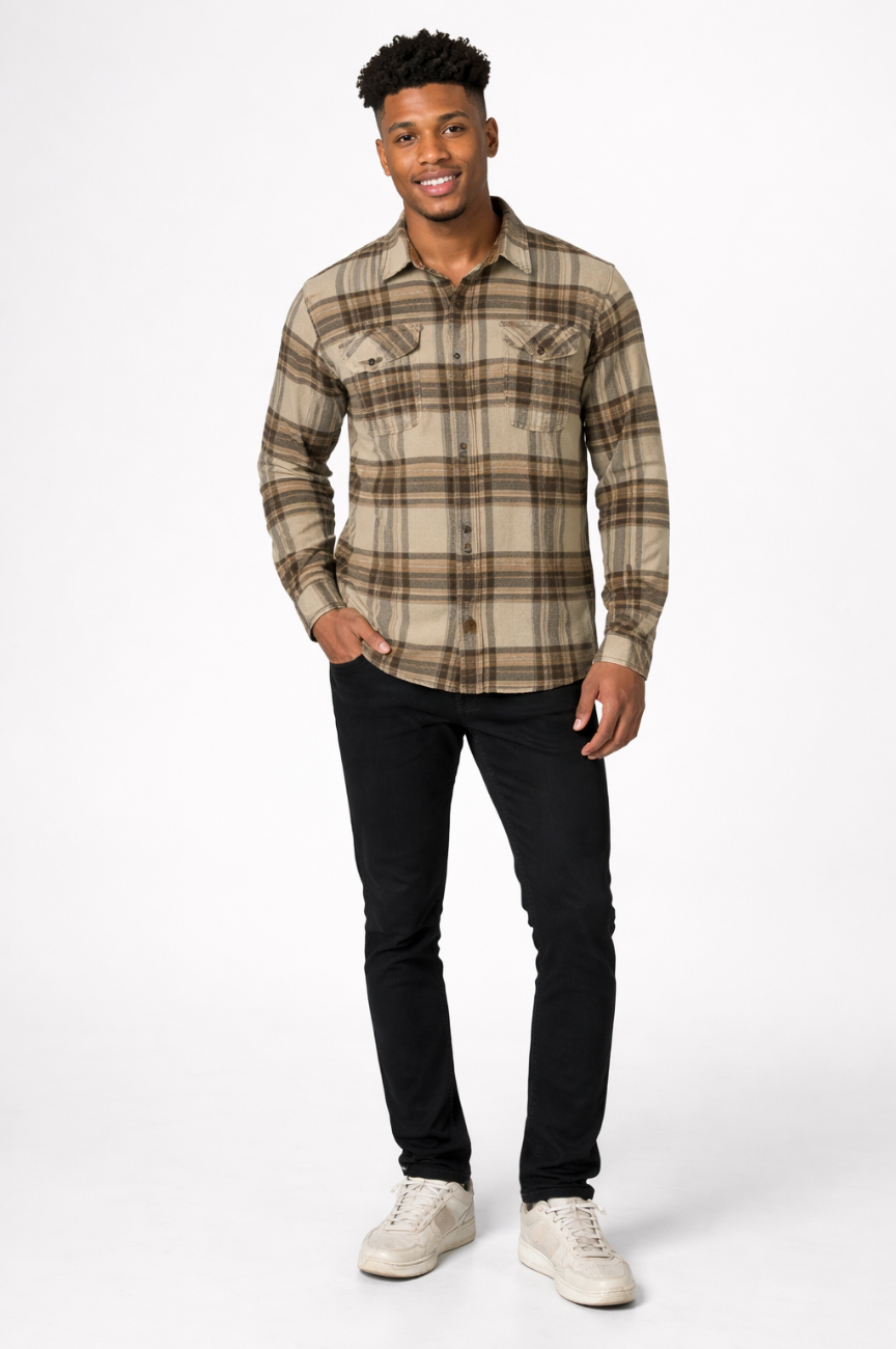 Lichfield Men's Coffee & Cream Long Sleeve Plaid Button Down Casual Flannel Shirt