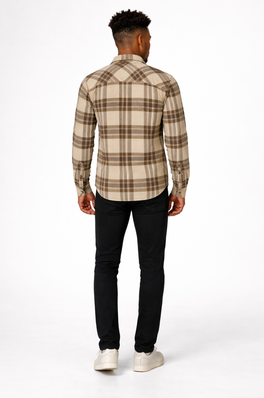 Lichfield Men's Coffee & Cream Long Sleeve Plaid Button Down Casual Flannel Shirt