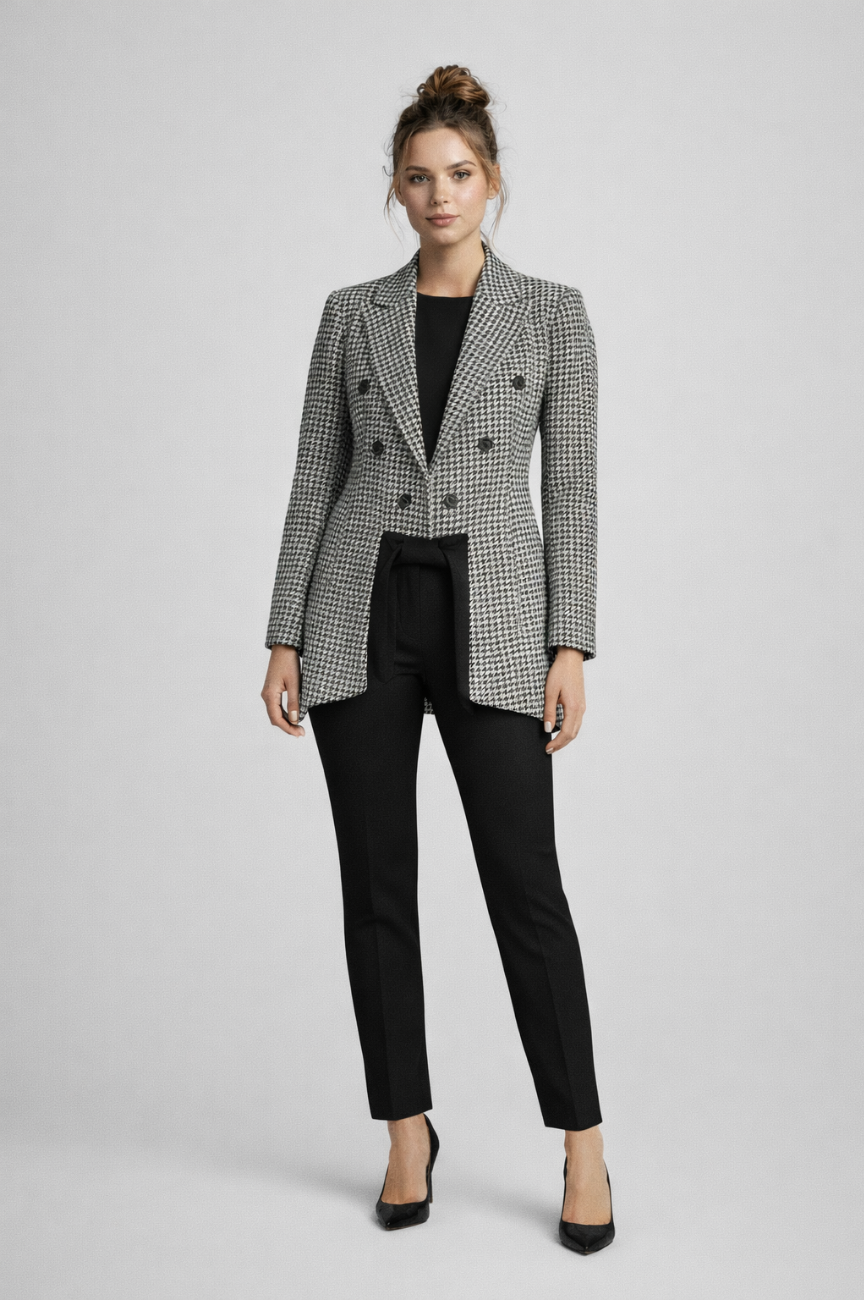 Luxevara Sculpted Peplum-Hem Blazer in Monochrome Check