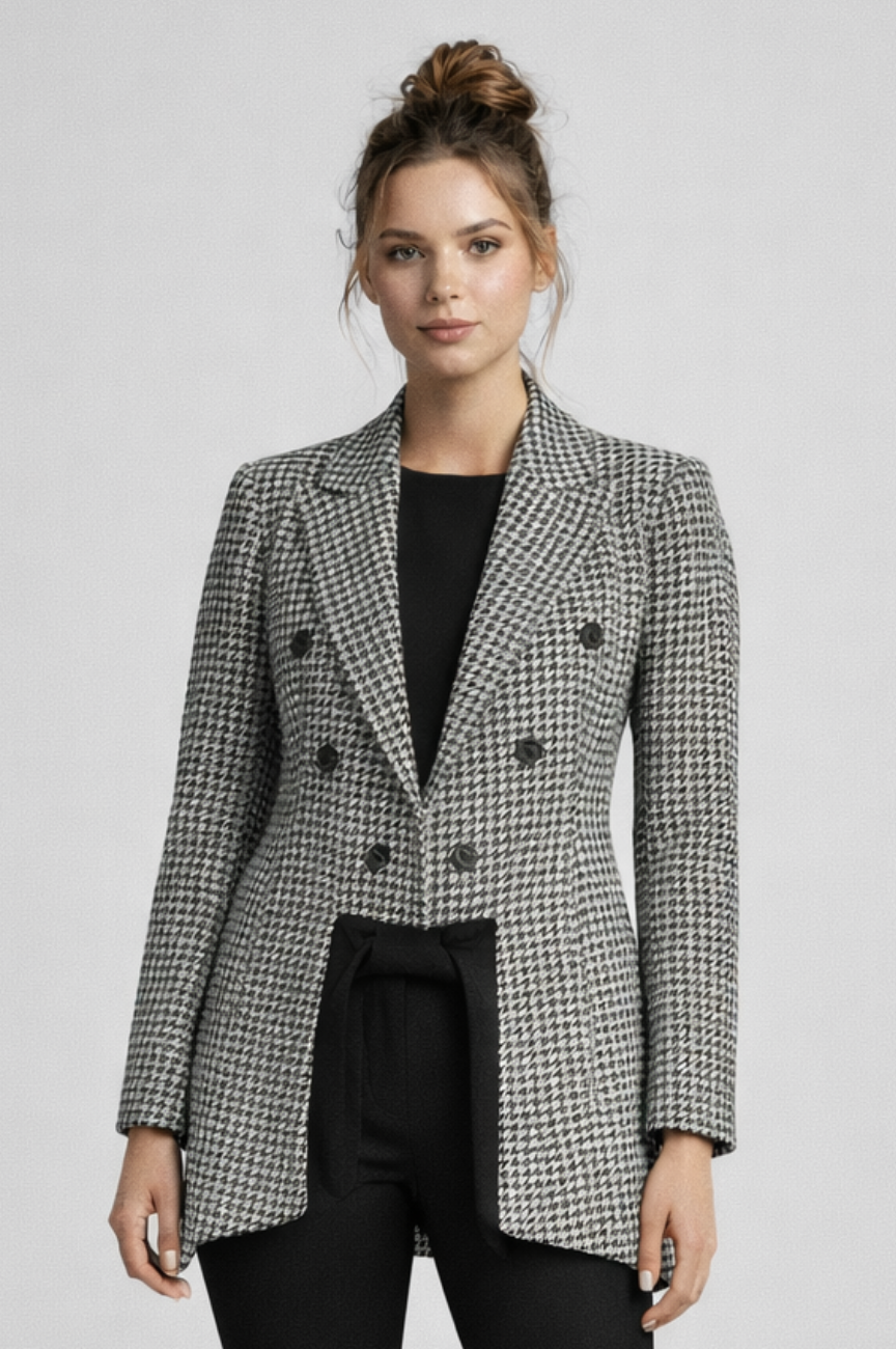 Luxevara Sculpted Peplum-Hem Blazer in Monochrome Check