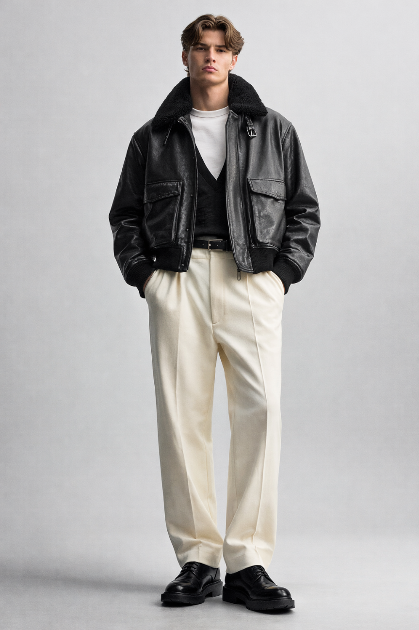 Maru Leather Jacket with Combined Collar