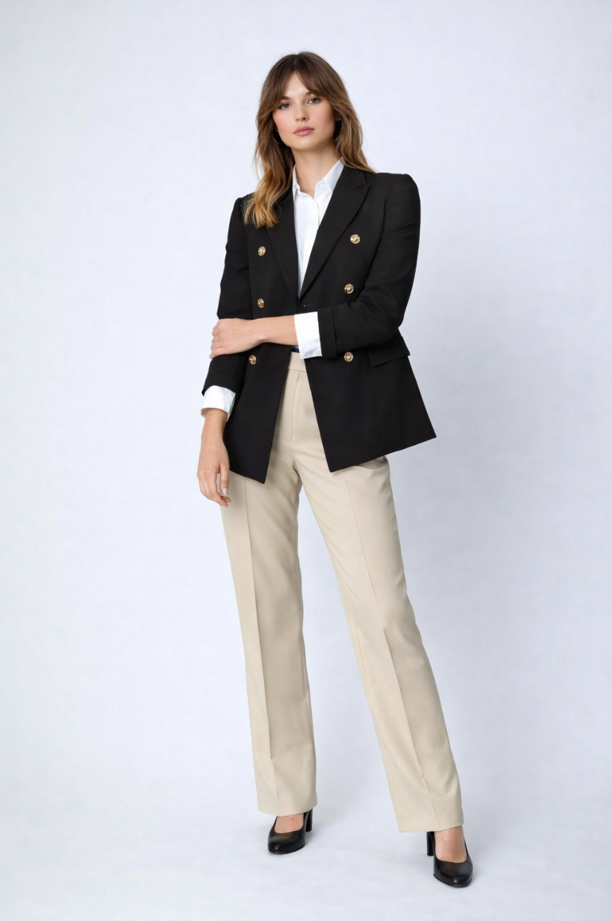 Monet Modern Professional: Tailored Gold-Button Power Blazer