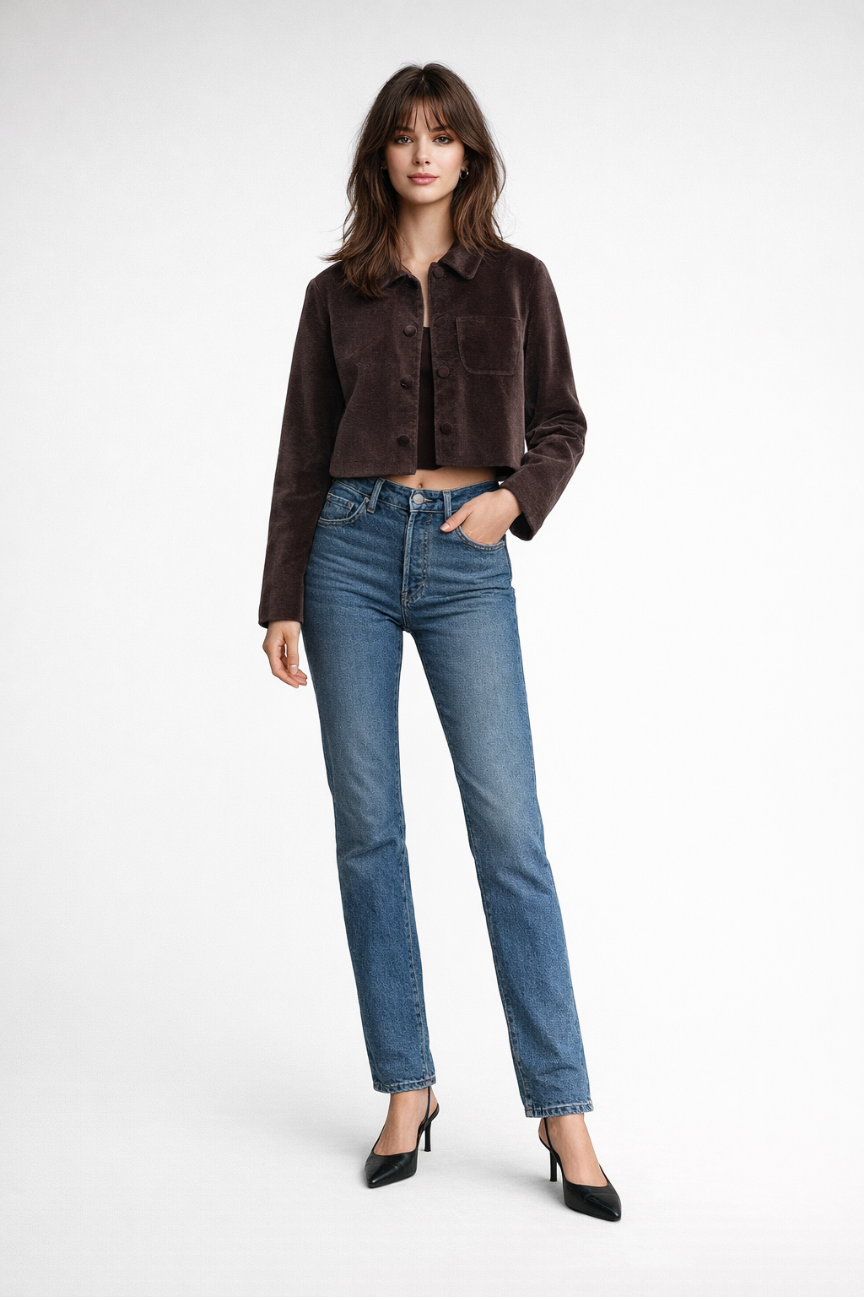 Noirielle Textured Velvet-Rib Cropped Shirt Jacket