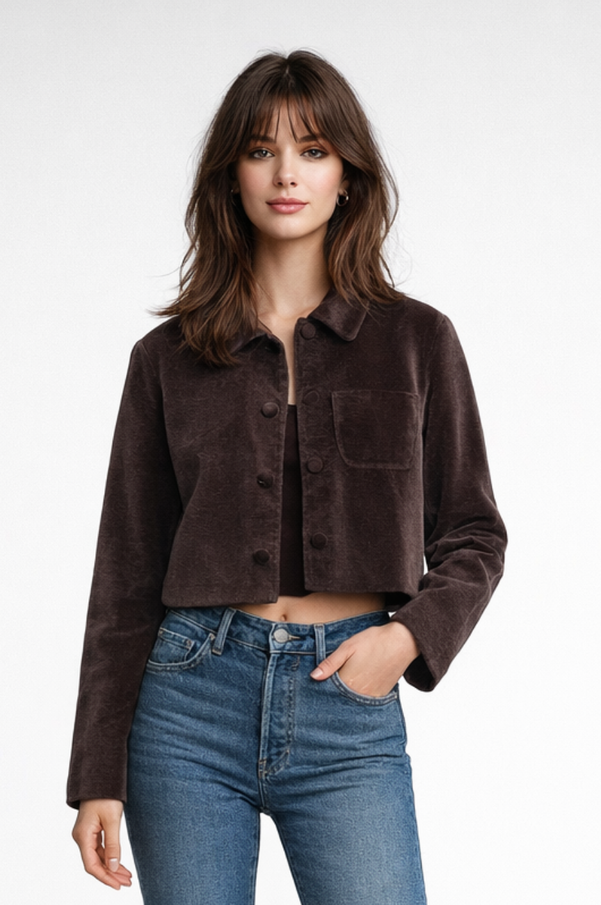 Noirielle Textured Velvet-Rib Cropped Shirt Jacket