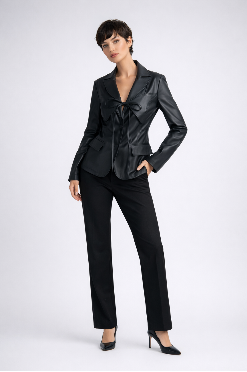 Olivienne Sculpted Black PU Blazer with Oversized Bow