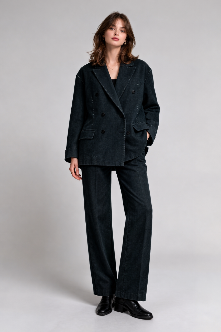 Orivelle Studded Double-Breasted Blazer in Deep Charcoal