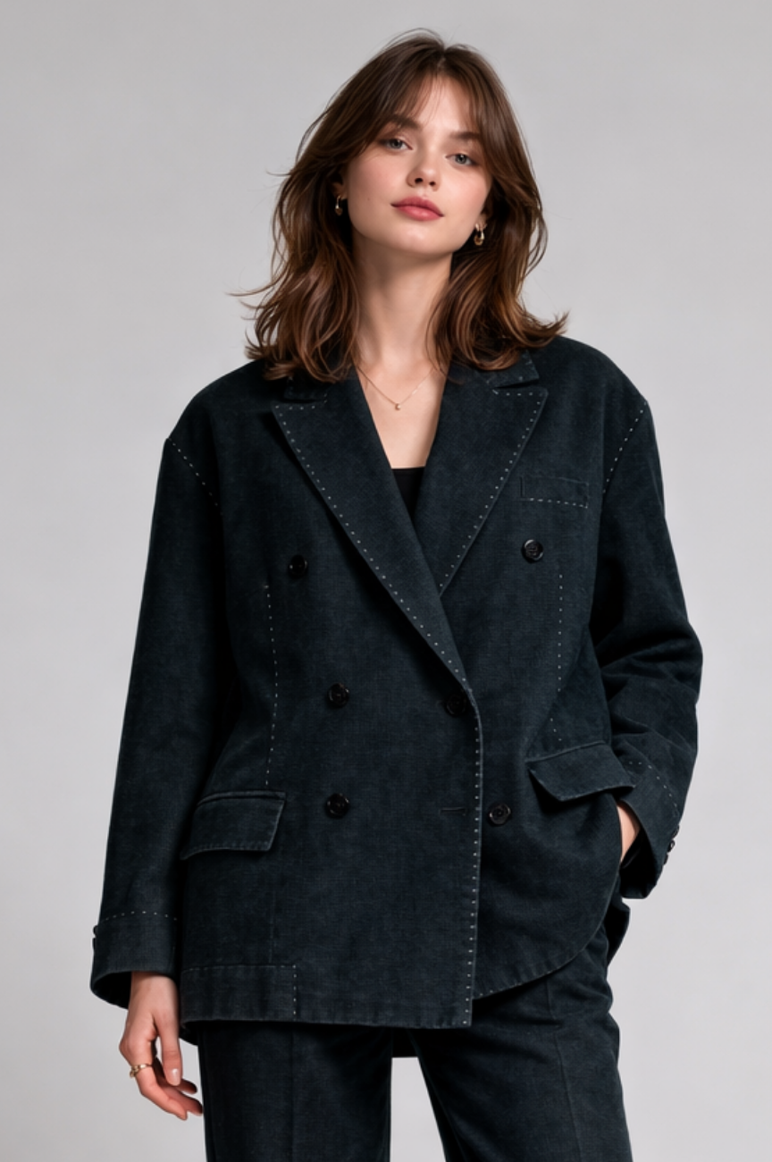 Orivelle Studded Double-Breasted Blazer in Deep Charcoal