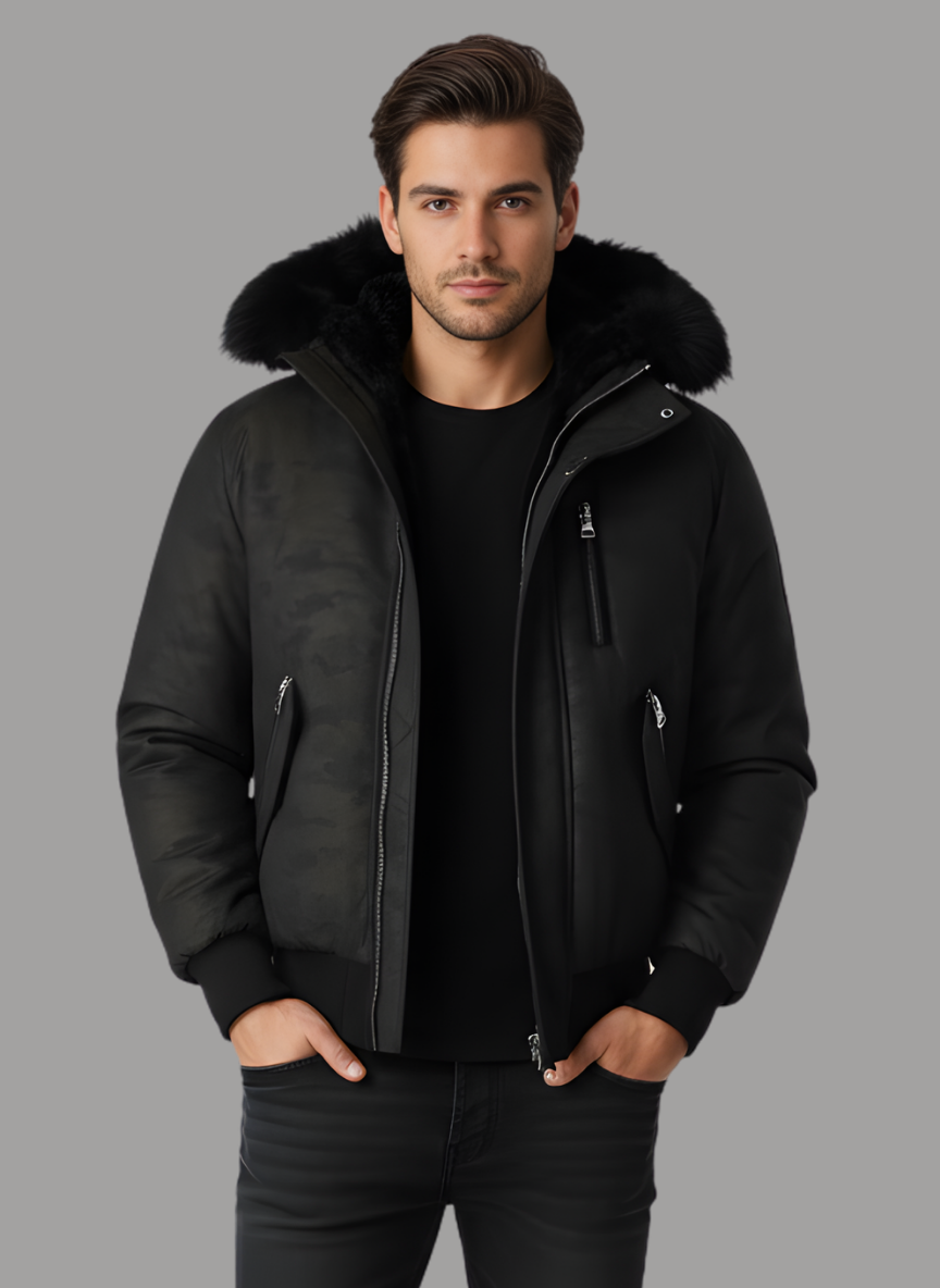 Pierce Camo Bomber Jacket with Fur Hood