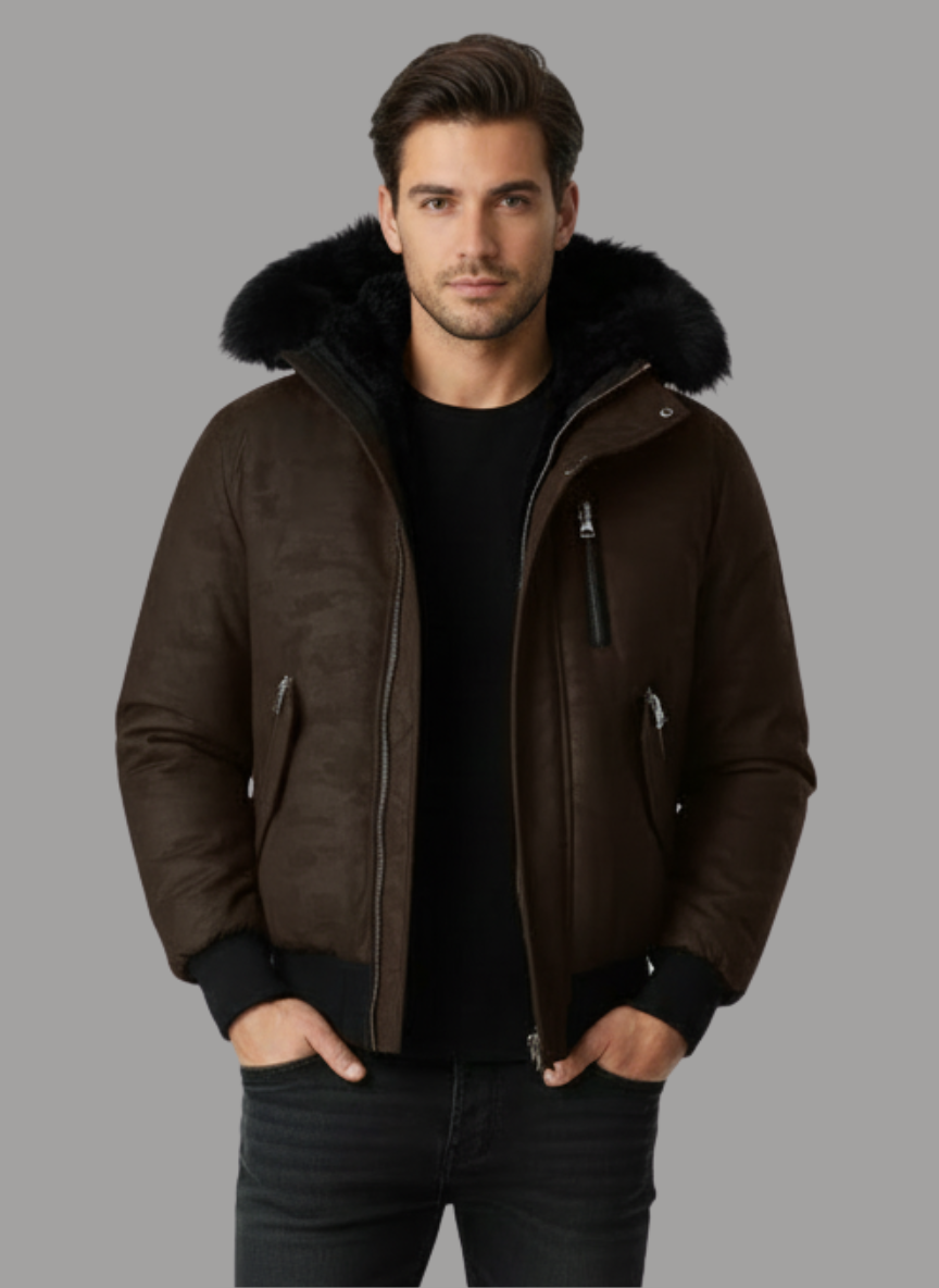 Pierce Camo Bomber Jacket with Fur Hood