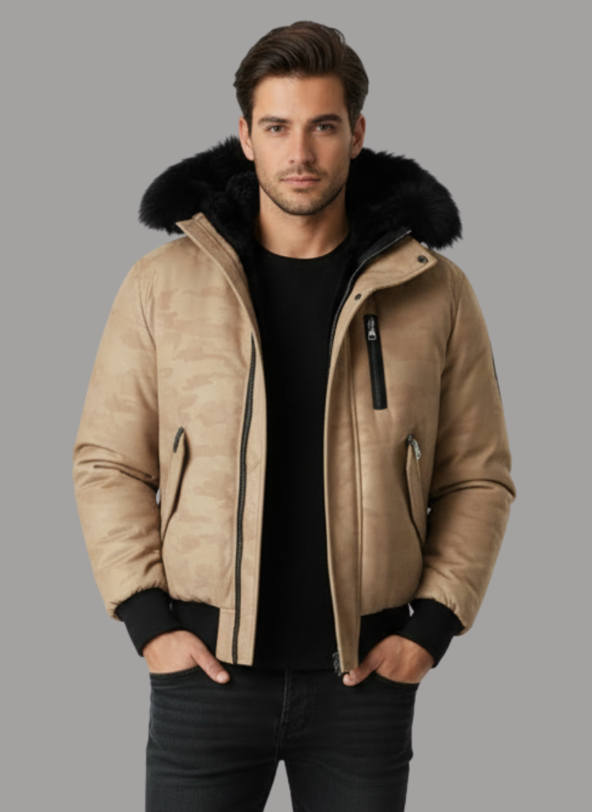 Pierce Camo Bomber Jacket with Fur Hood