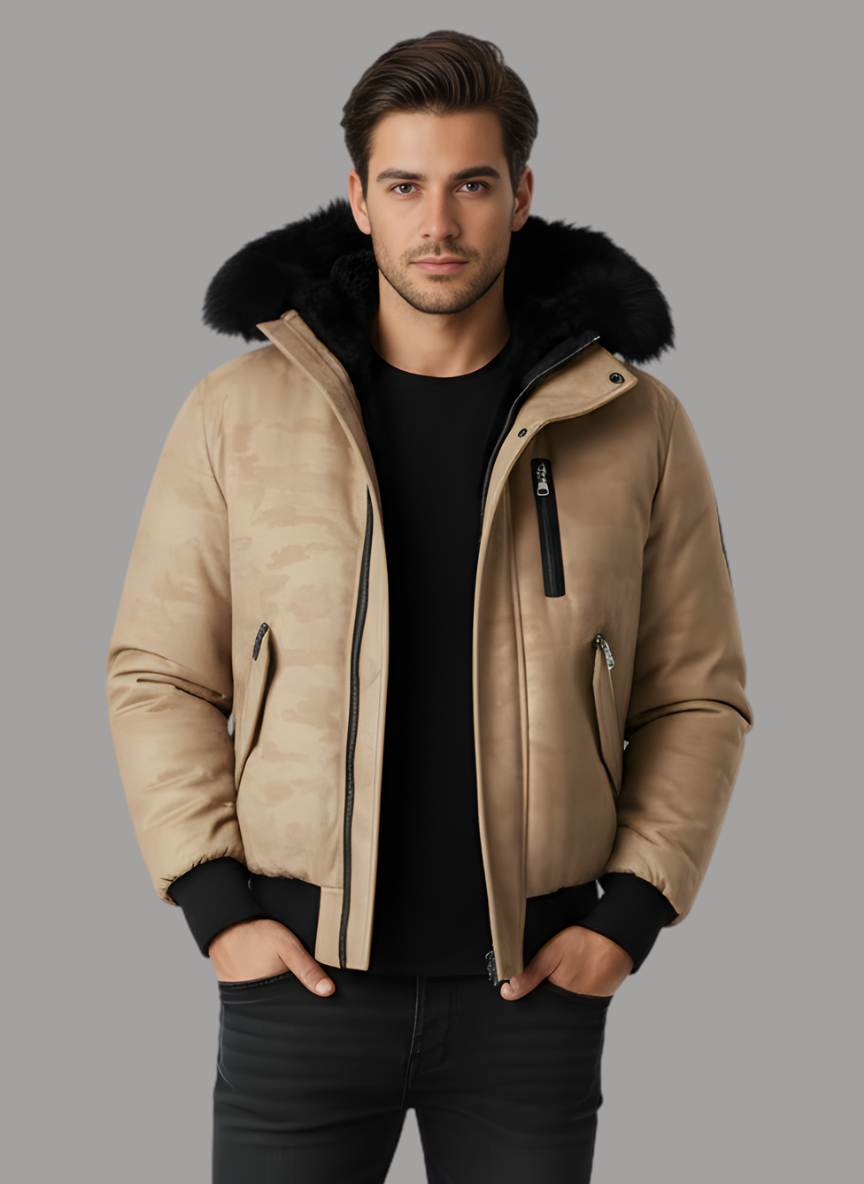 Pierce Camo Bomber Jacket with Fur Hood
