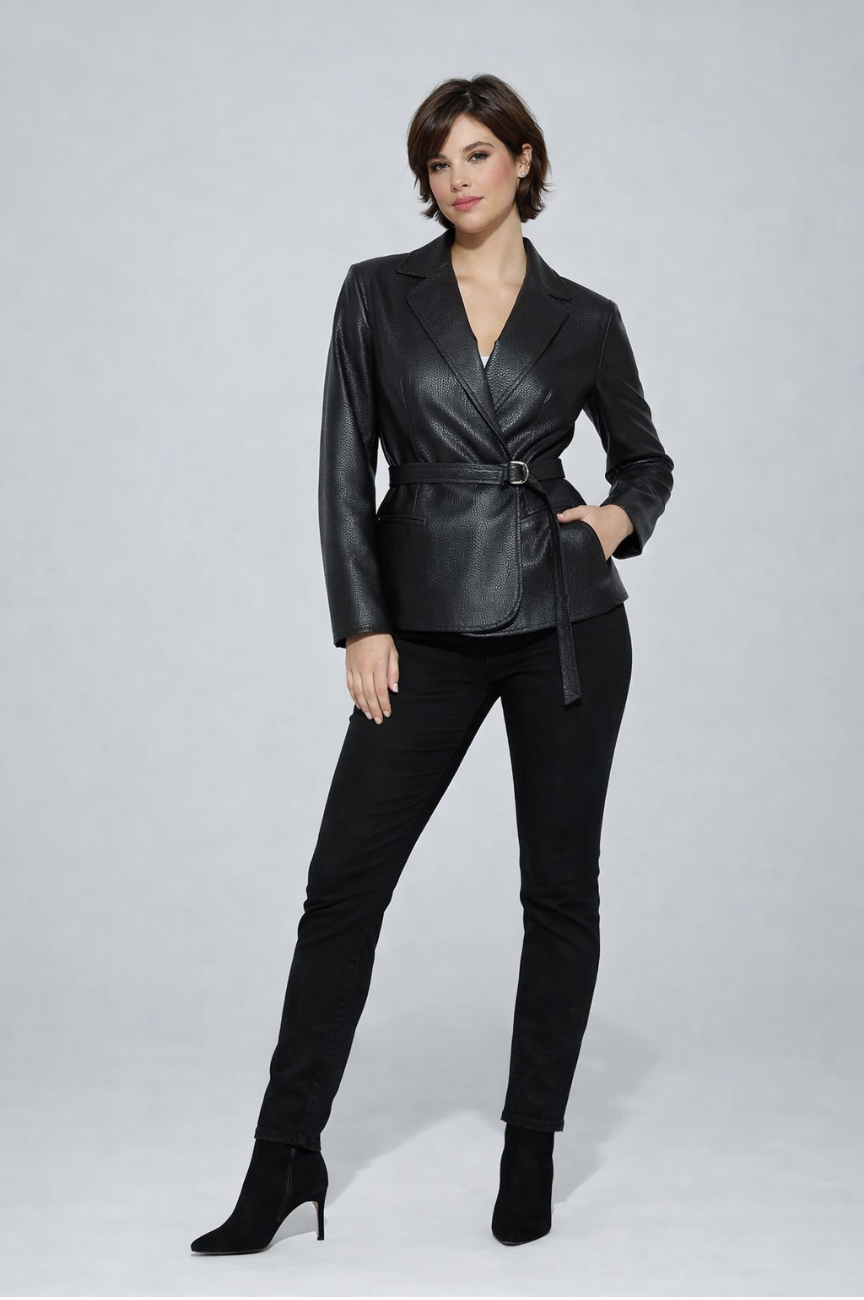 Perona Belted Faux Leather Blazer