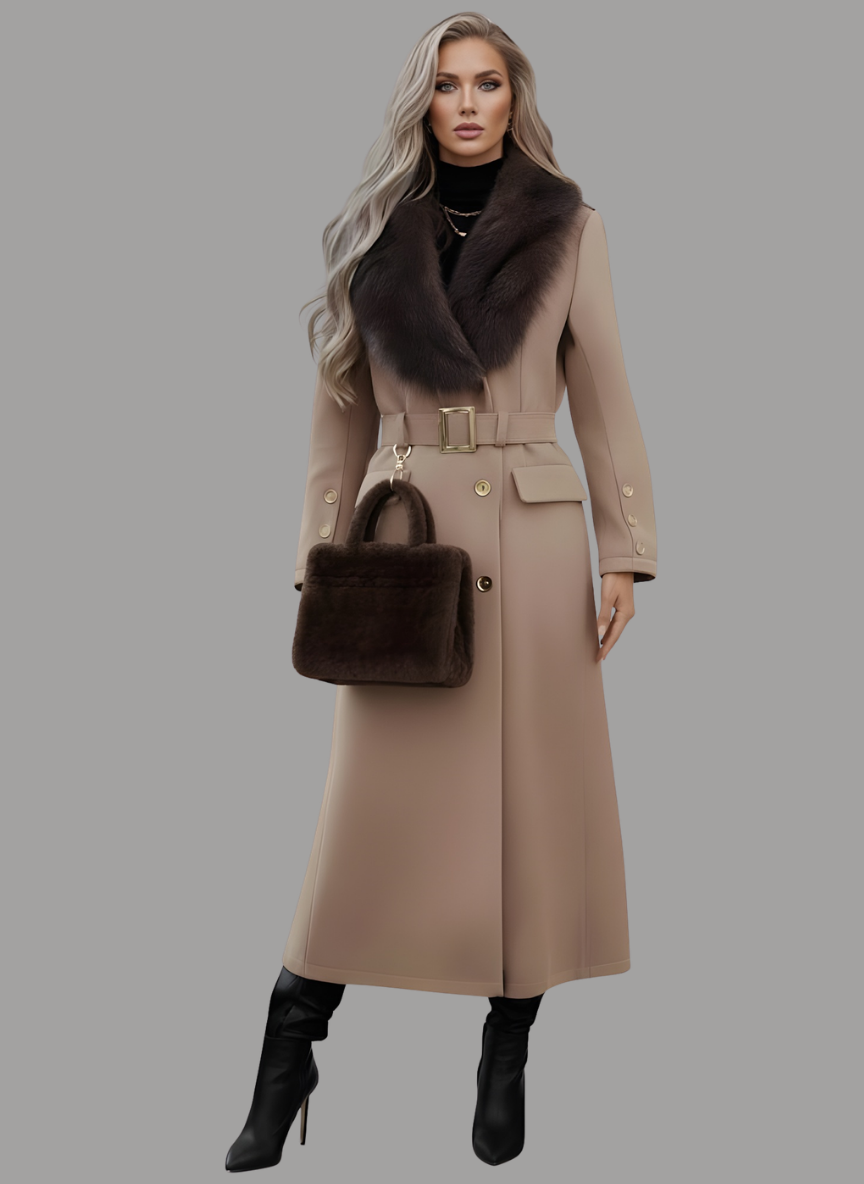Ravenna Contrast-Collar Trench Coat with Bag Set
