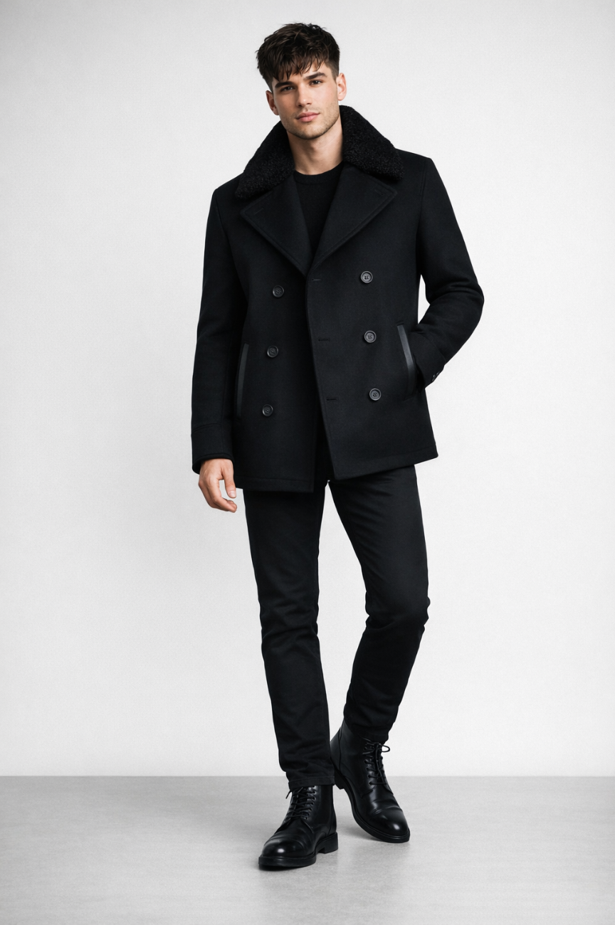 Roniero Wool Double-breasted Jacket with Shearling Collar
