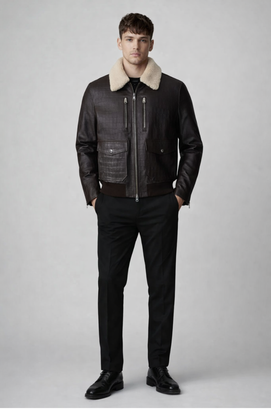 Ruerie Croc-Embossed Leather Jacket with Shearling Collar