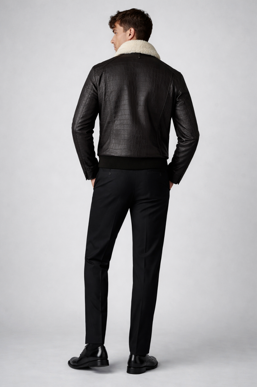 Ruerie Croc-Embossed Leather Jacket with Shearling Collar
