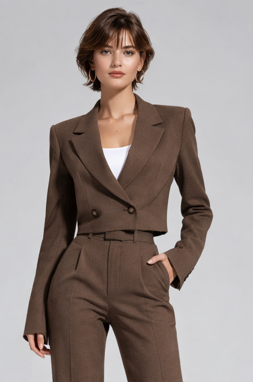 Ravienne Cropped Double-Breasted Blazer in Espresso