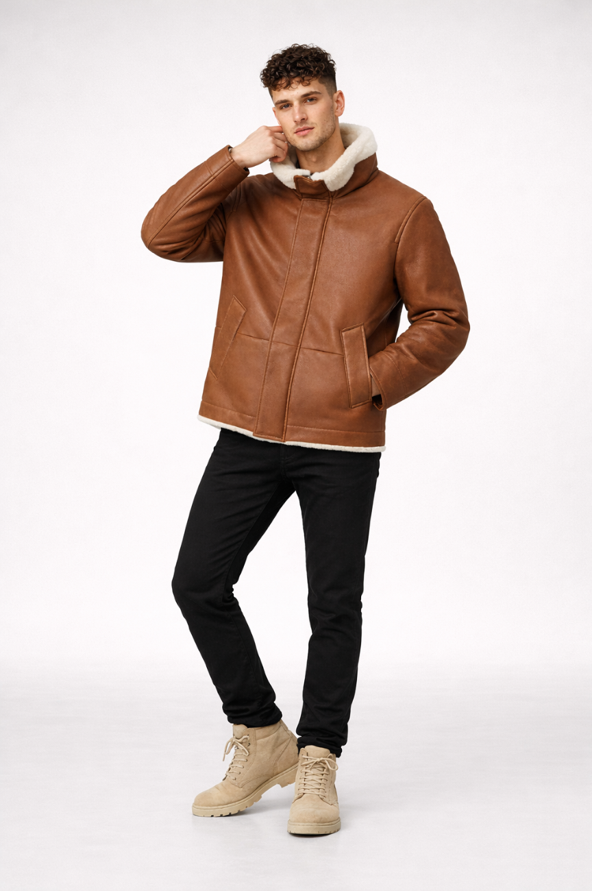 Sado High Funnel Neck and Double Placket Shearling Jacket