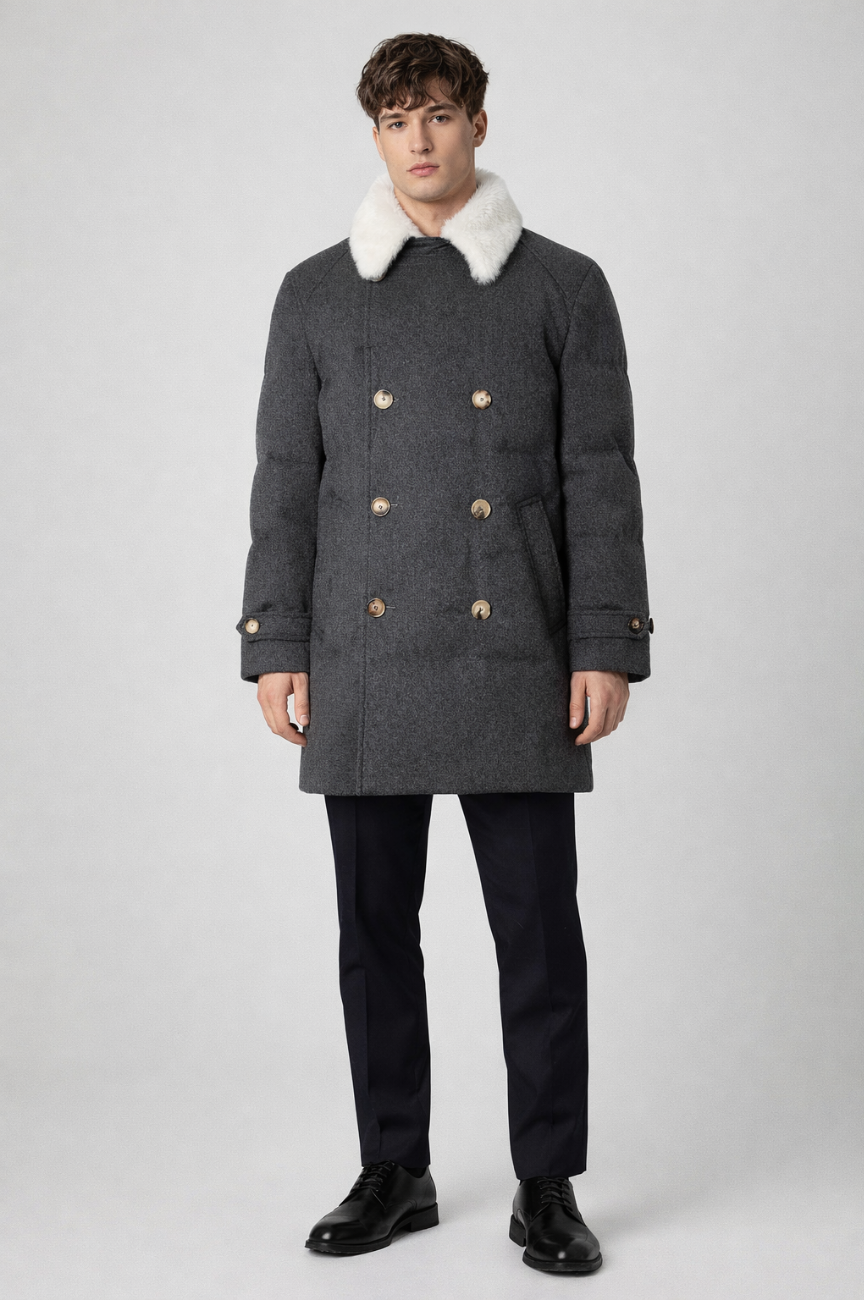 Shunsui Double-Breasted Shearling-Trimmed Quilted Wool Down Jacket