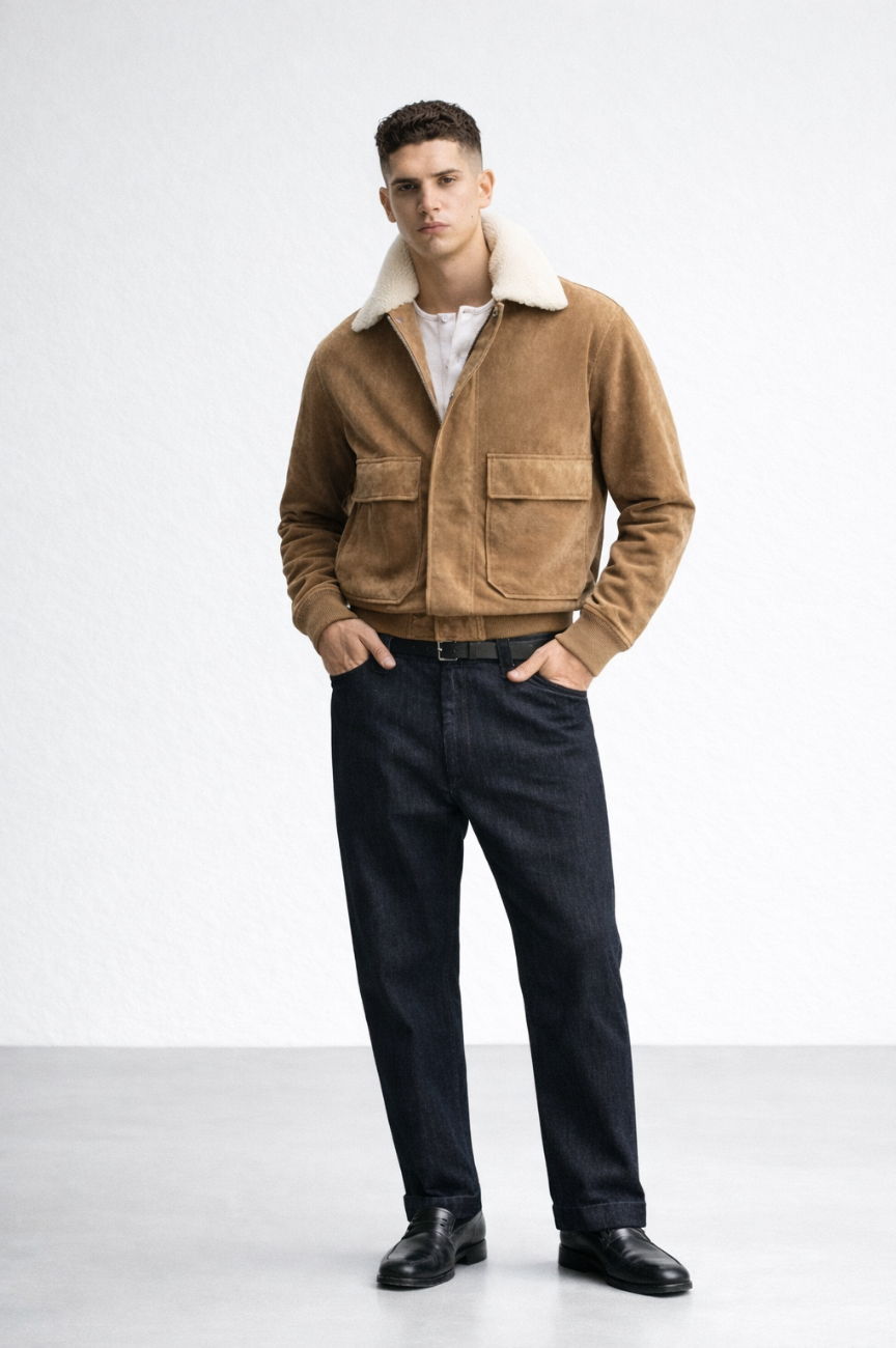 Tosen Fleece Trim Suede Leather Jacket